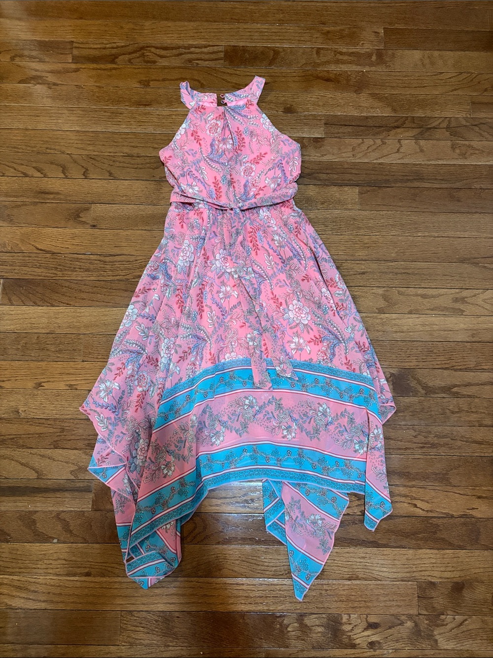 lilt Pink Floral Halter Dress with Teal Paisley Trim